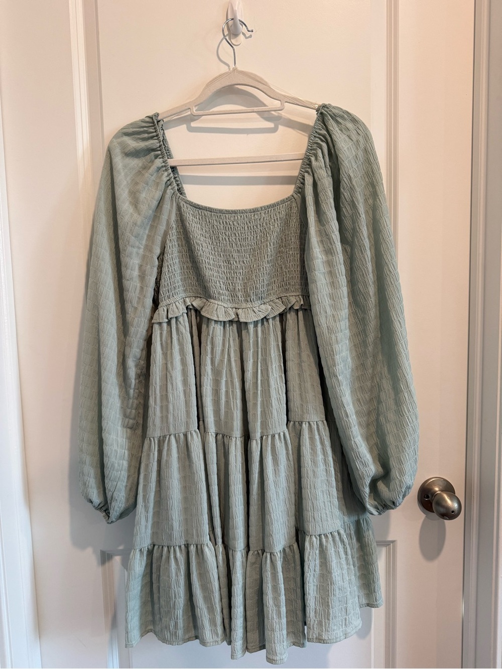 Altar'd State Sage Green Smocked Tiered Long-Sleeve Mini Dress